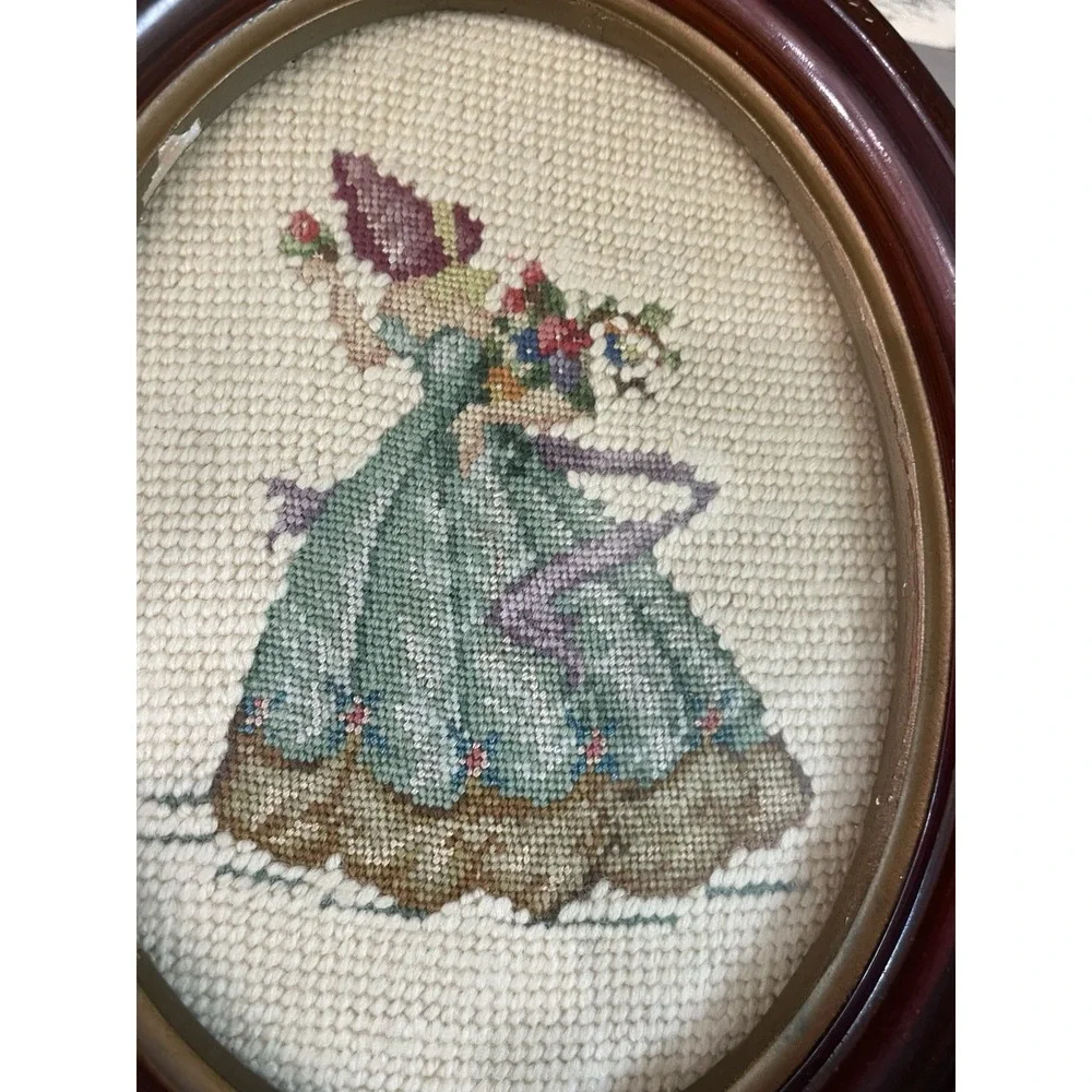 Antique Oval Picture Frame  Needlepoint Petit Point Victorian Woman Gallery Wall